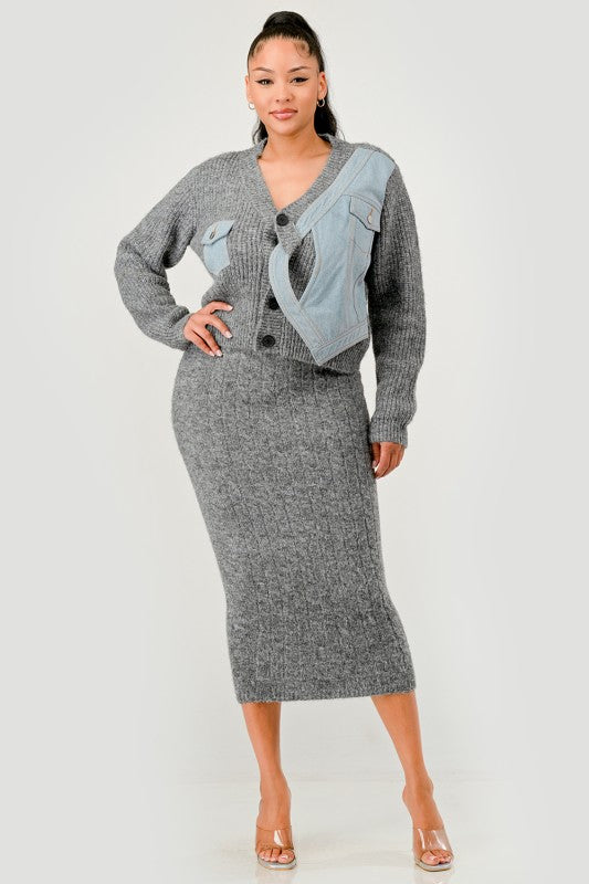 Denim Patchwork Knit Two-Piece Skirt Set See size chart under “more details” The Fashion Celestial