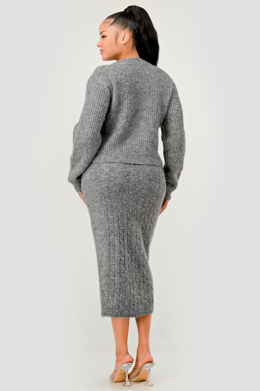 Denim Patchwork Knit Two-Piece Skirt Set See size chart under “more details” The Fashion Celestial