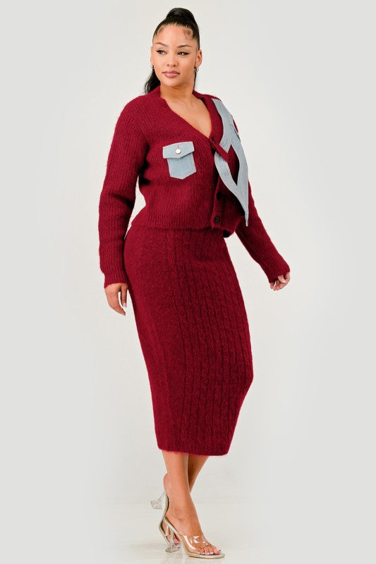 Denim Patchwork Knit Two-Piece Skirt Set See size chart under “more details” The Fashion Celestial