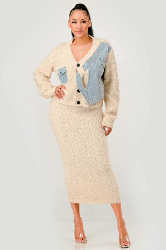 Denim Patchwork Knit Two-Piece Skirt Set See size chart under “more details” The Fashion Celestial