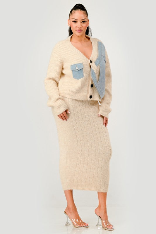 Denim Patchwork Knit Two-Piece Skirt Set See size chart under “more details” The Fashion Celestial