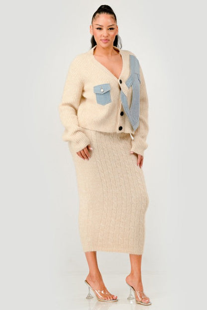Denim Patchwork Knit Two-Piece Skirt Set See size chart under “more details” The Fashion Celestial
