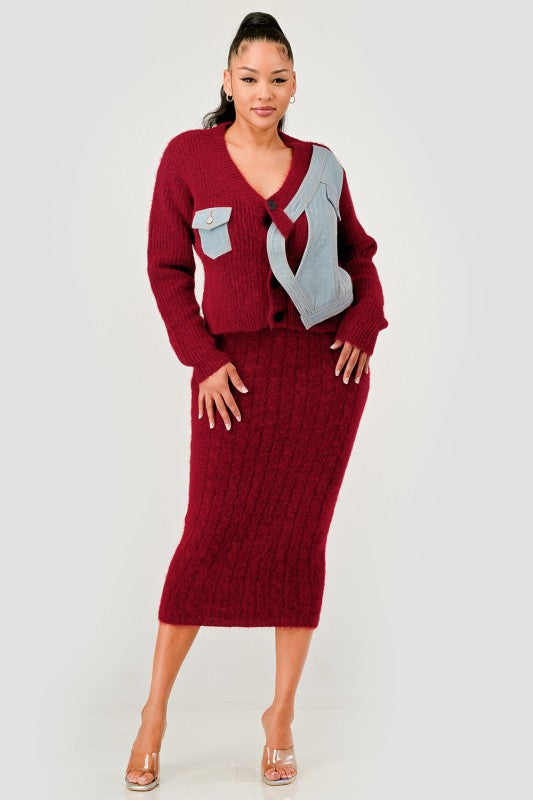 Denim Patchwork Knit Two-Piece Skirt Set See size chart under “more details” The Fashion Celestial