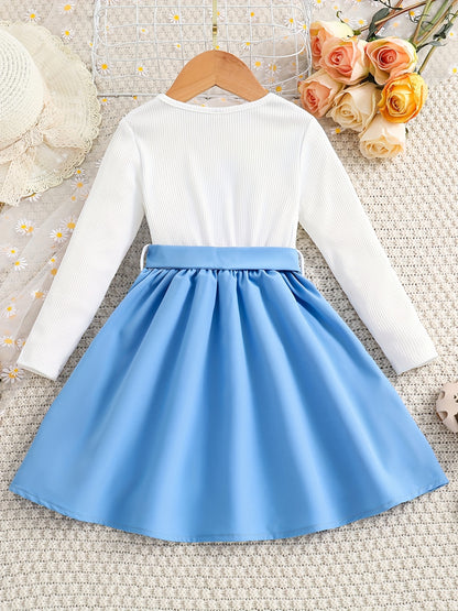 Girls' Elegant Floral Print Long Sleeve Dress with Ruffled Hem & Waist Tie - Knee-Length A-Line Skirt, Round Neck, Non-Stretch Fabric, All-Season Casual to Formal Outfits NovaCart