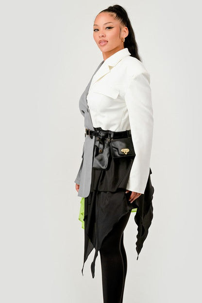 Colorblock Blazer with Layered Skirt Detail See size chart under “more details” The Fashion Celestial