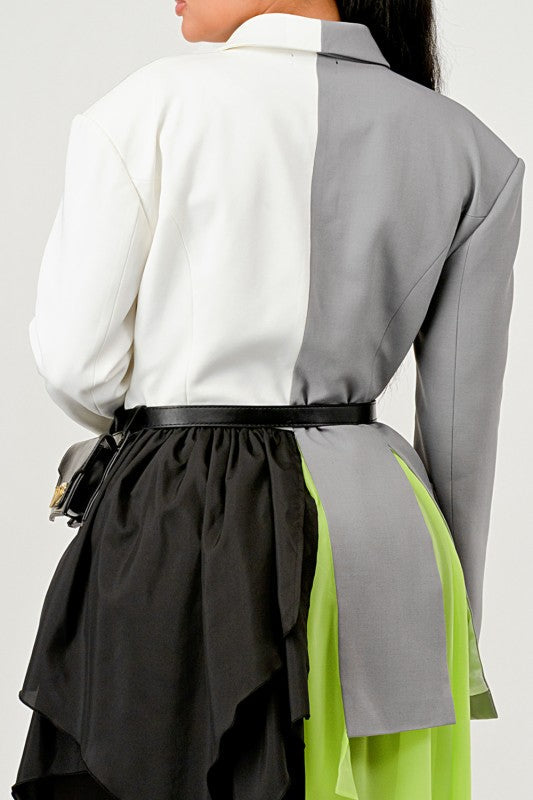 Colorblock Blazer with Layered Skirt Detail See size chart under “more details” The Fashion Celestial