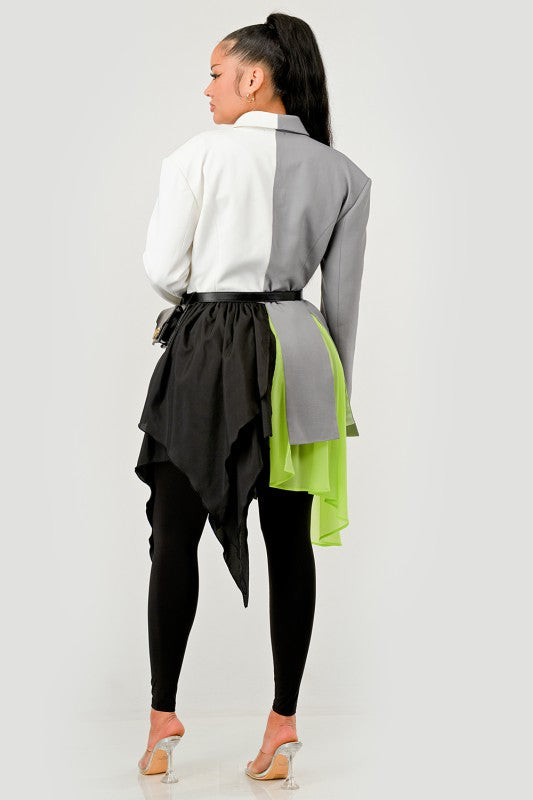 Colorblock Blazer with Layered Skirt Detail See size chart under “more details” The Fashion Celestial