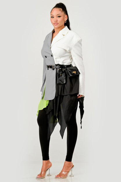 Colorblock Blazer with Layered Skirt Detail See size chart under “more details” The Fashion Celestial