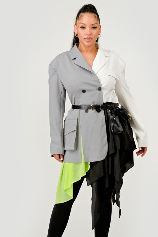 Colorblock Blazer with Layered Skirt Detail See size chart under “more details” The Fashion Celestial