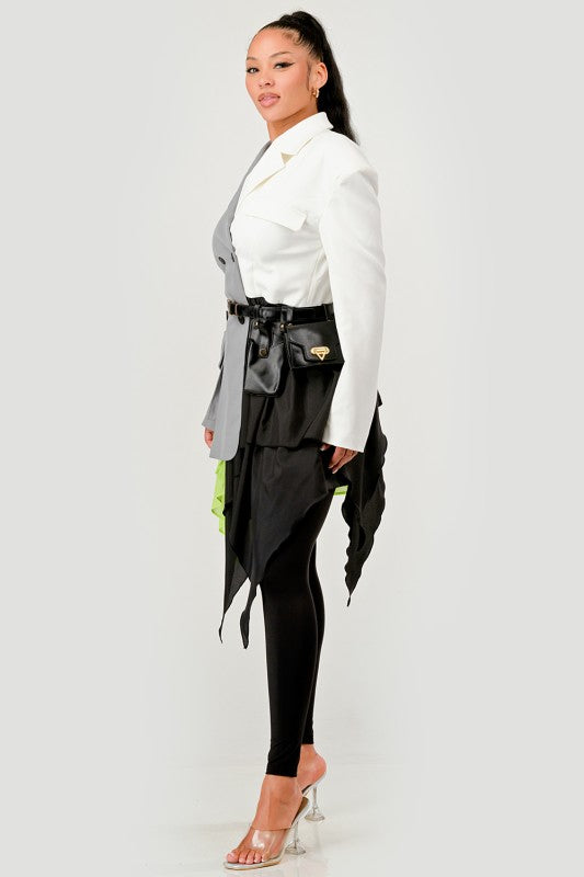 Colorblock Blazer with Layered Skirt Detail See size chart under “more details” The Fashion Celestial