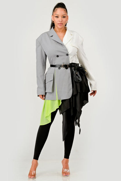 Colorblock Blazer with Layered Skirt Detail See size chart under “more details” The Fashion Celestial