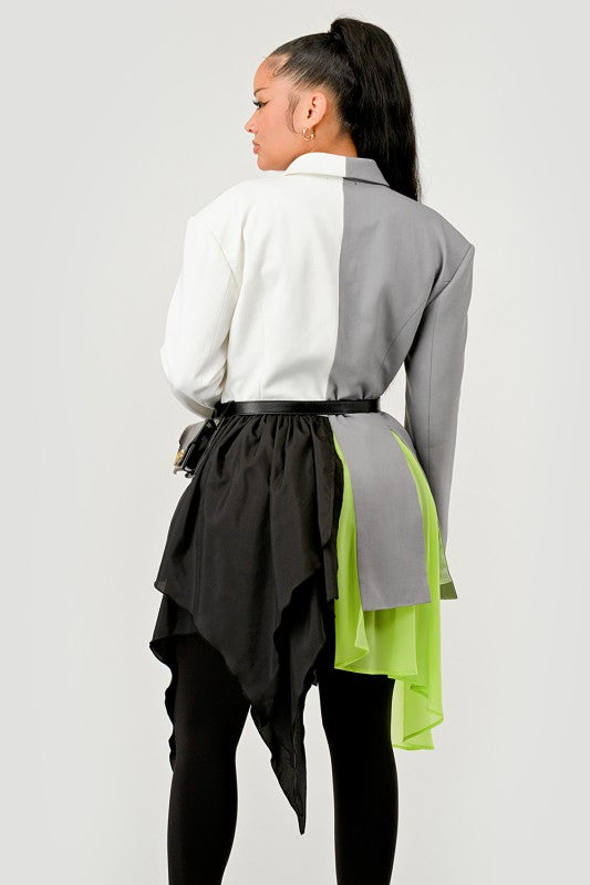 Colorblock Blazer with Layered Skirt Detail See size chart under “more details” The Fashion Celestial
