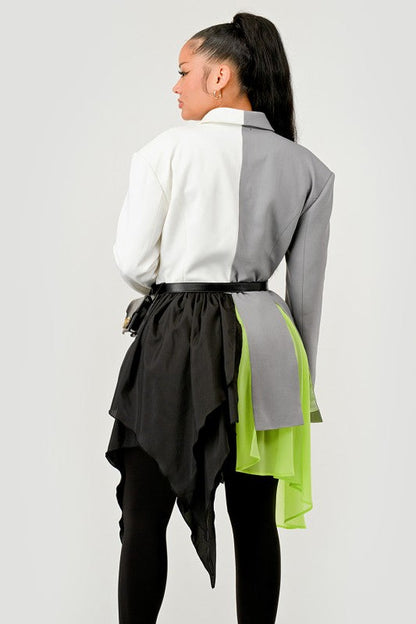 Colorblock Blazer with Layered Skirt Detail See size chart under “more details” The Fashion Celestial