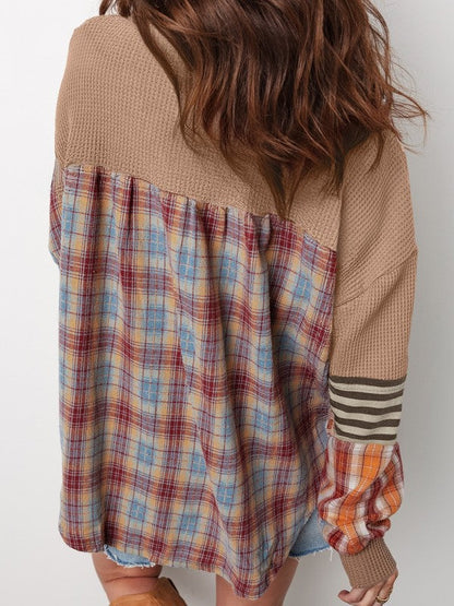 Cotton Waffle Stripe Plaid Patchwork Henley Top Shop Style & More | Fresh Looks, Everyday Deals & Free Shipping