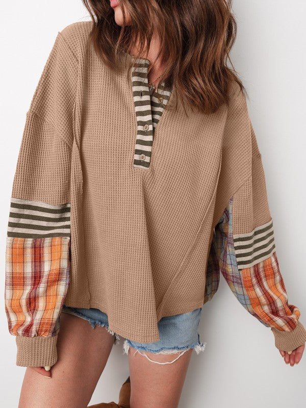 Cotton Waffle Stripe Plaid Patchwork Henley Top Shop Style & More | Fresh Looks, Everyday Deals & Free Shipping