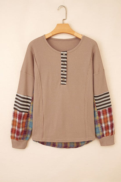 Cotton Waffle Stripe Plaid Patchwork Henley Top Shop Style & More | Fresh Looks, Everyday Deals & Free Shipping