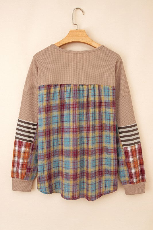 Cotton Waffle Stripe Plaid Patchwork Henley Top Shop Style & More | Fresh Looks, Everyday Deals & Free Shipping