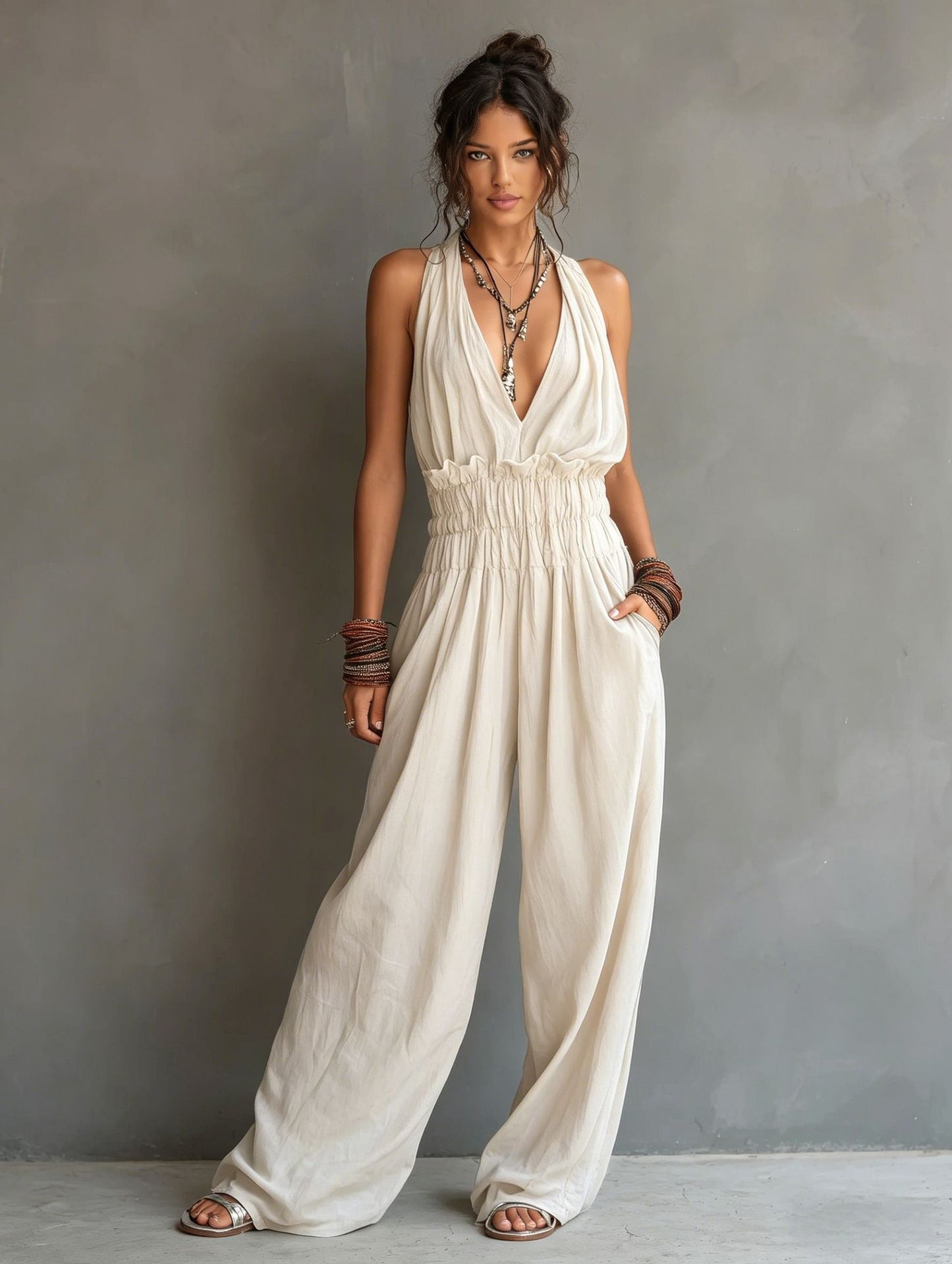 Women's V-Neck Halter Jumpsuit – Sleeveless Open Back Waist-Cinching FitiqueFit