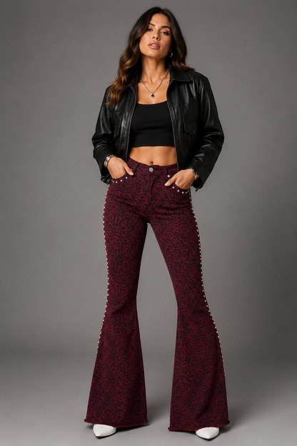 Studded Leopard Print Bell Bottom Pant in Wine GJG DENIM