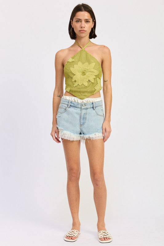 HIGH RISE DENIM SHORTS WITH LACE TRIM See size chart under “more details” The Fashion Celestial