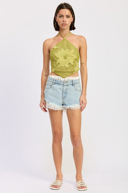 HIGH RISE DENIM SHORTS WITH LACE TRIM See size chart under “more details” The Fashion Celestial