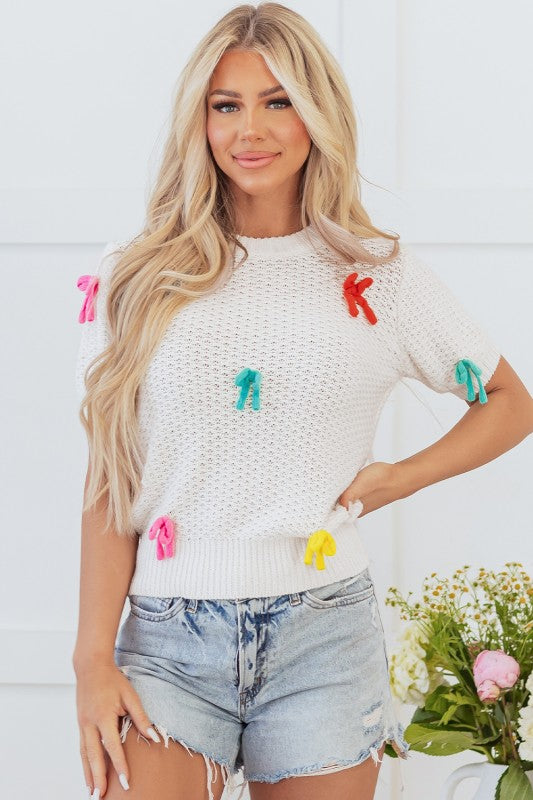 Colorful Bow Knit Mock Neck Short Sleeve Sweater Shop Style & More | Fresh Looks, Everyday Deals & Free Shipping