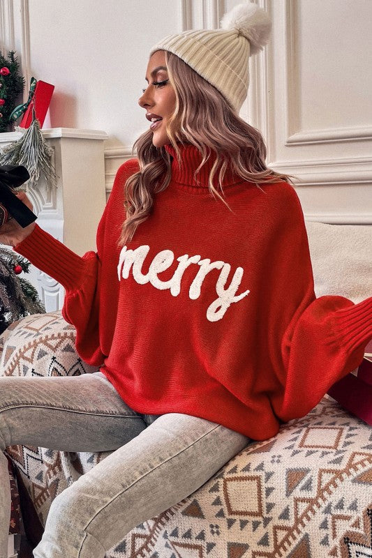 Merry Letter Embroidered High Neck Sweater Shop Style & More | Fresh Looks, Everyday Deals & Free Shipping