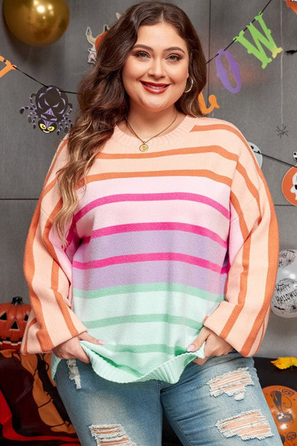 Strip Balloon Sleeve Crewneck Plus Size Sweater Shop Style & More | Fresh Looks, Everyday Deals & Free Shipping