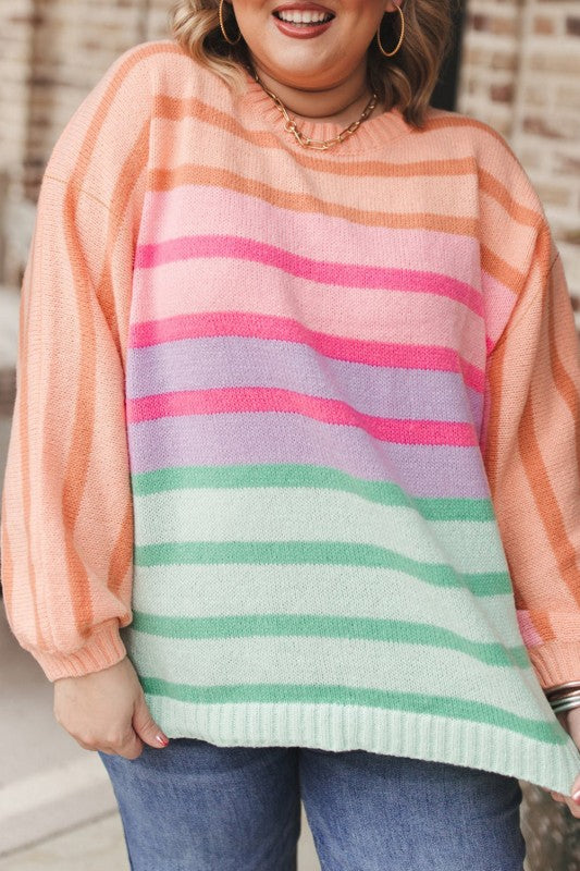 Strip Balloon Sleeve Crewneck Plus Size Sweater Shop Style & More | Fresh Looks, Everyday Deals & Free Shipping