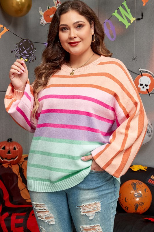 Strip Balloon Sleeve Crewneck Plus Size Sweater Shop Style & More | Fresh Looks, Everyday Deals & Free Shipping