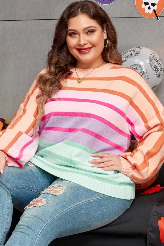 Strip Balloon Sleeve Crewneck Plus Size Sweater Shop Style & More | Fresh Looks, Everyday Deals & Free Shipping