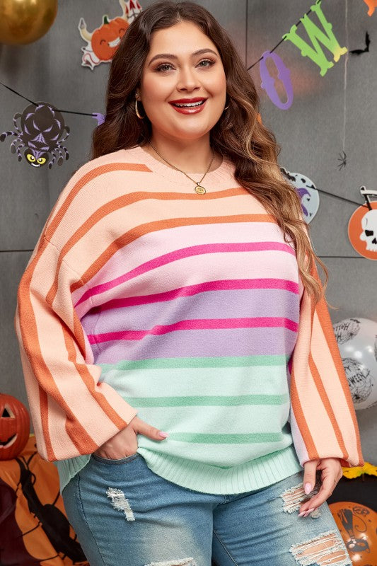 Strip Balloon Sleeve Crewneck Plus Size Sweater Shop Style & More | Fresh Looks, Everyday Deals & Free Shipping