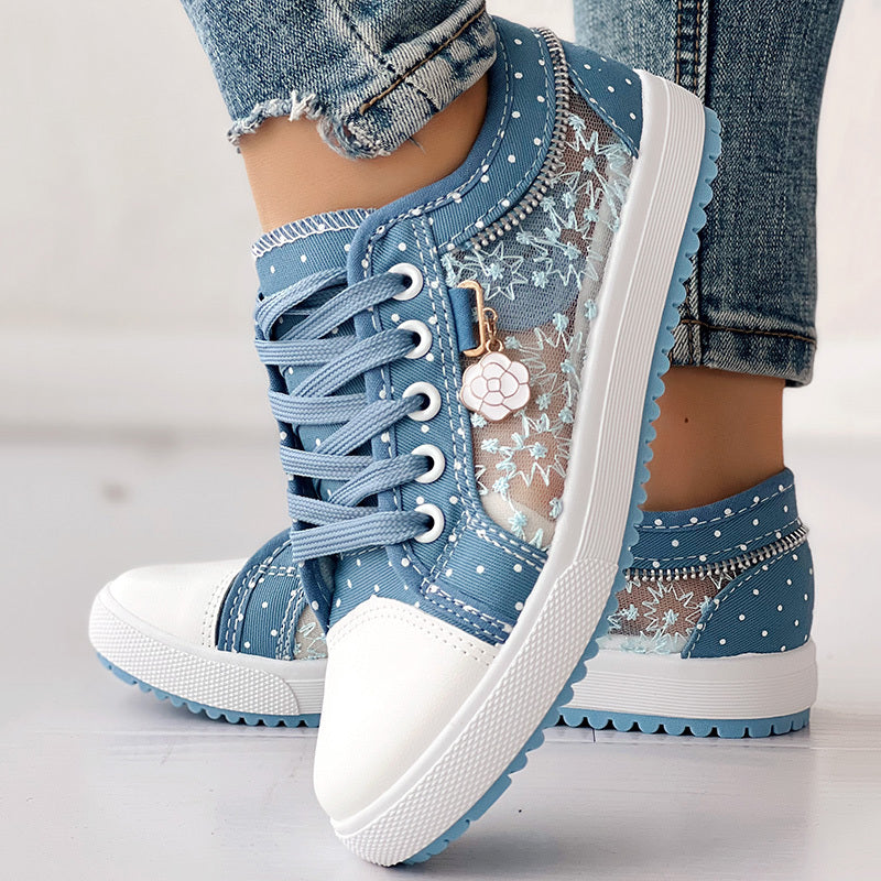 Floral Embroidered Polka Dot Print Sneakers — Women’s Casual Canvas Shoes FitiqueFit
