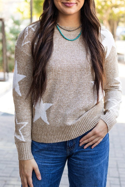 Khaki Star Pattern Drop Shoulder Sweater Shop Style & More | Fresh Looks, Everyday Deals & Free Shipping