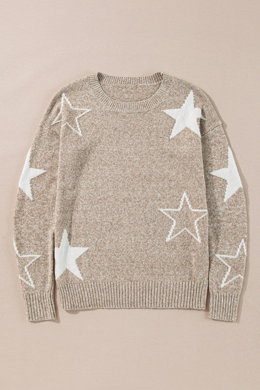 Khaki Star Pattern Drop Shoulder Sweater Shop Style & More | Fresh Looks, Everyday Deals & Free Shipping