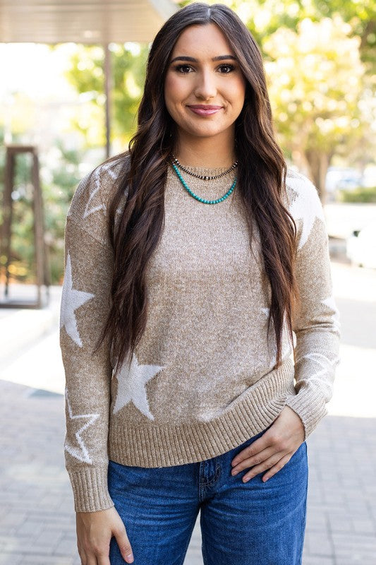 Khaki Star Pattern Drop Shoulder Sweater Shop Style & More | Fresh Looks, Everyday Deals & Free Shipping