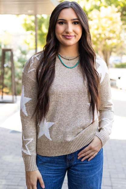 Khaki Star Pattern Drop Shoulder Sweater Shop Style & More | Fresh Looks, Everyday Deals & Free Shipping