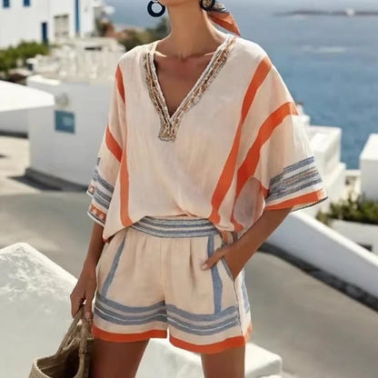 Women’s Linen Striped V Neck Top and Shorts Set FitiqueFit