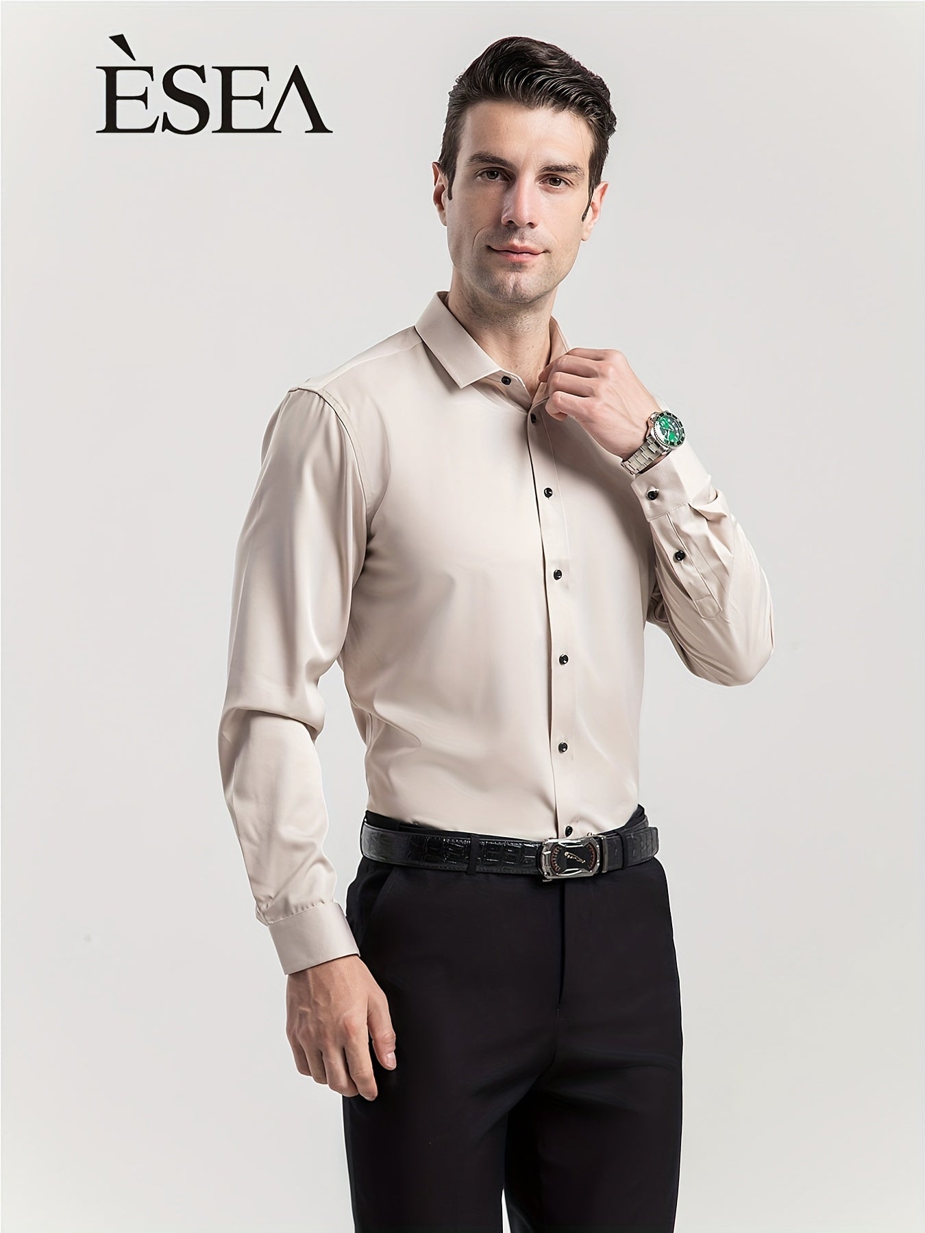 Men'S Stretch Slim-Fit Formal Shirt Without Pockets, Light Business Turn- Collar Long-Sleeved Shirt, Men'S Business Shirt, Wrinkle-Resistant And Durable Solid Color Formal Long-Sleeved Shirt with Buttons And Pockets, Suitable NovaCart