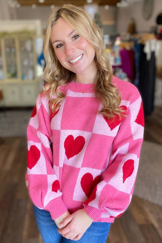 Love Heart Checkered Valentine Crew Neck Sweater Shop Style & More | Fresh Looks, Everyday Deals & Free Shipping