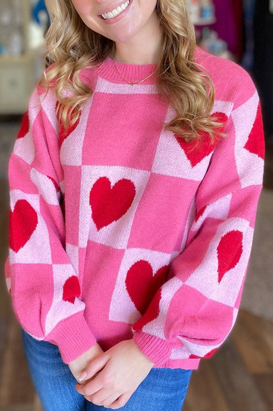 Love Heart Checkered Valentine Crew Neck Sweater Shop Style & More | Fresh Looks, Everyday Deals & Free Shipping