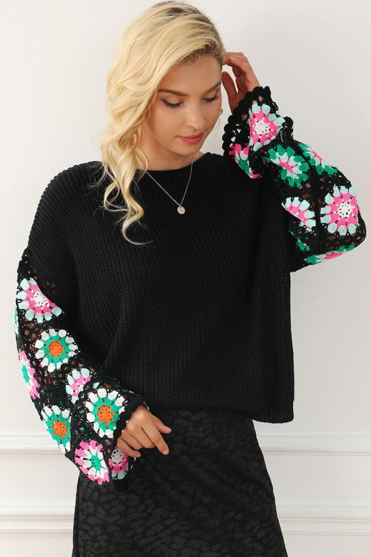 Black Floral Crochet Bell Sleeve Loose Sweater Shop Style & More | Fresh Looks, Everyday Deals & Free Shipping