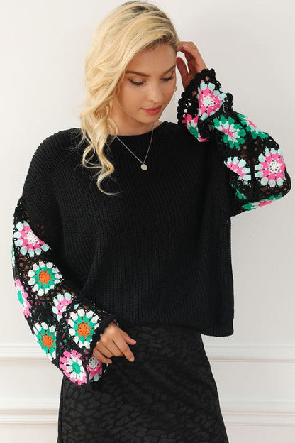 Black Floral Crochet Bell Sleeve Loose Sweater Shop Style & More | Fresh Looks, Everyday Deals & Free Shipping