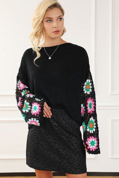 Black Floral Crochet Bell Sleeve Loose Sweater Shop Style & More | Fresh Looks, Everyday Deals & Free Shipping