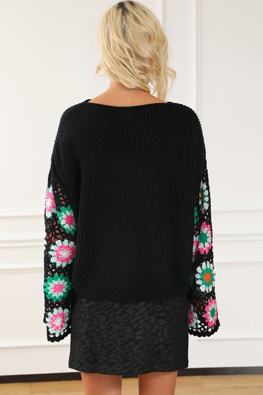 Black Floral Crochet Bell Sleeve Loose Sweater Shop Style & More | Fresh Looks, Everyday Deals & Free Shipping