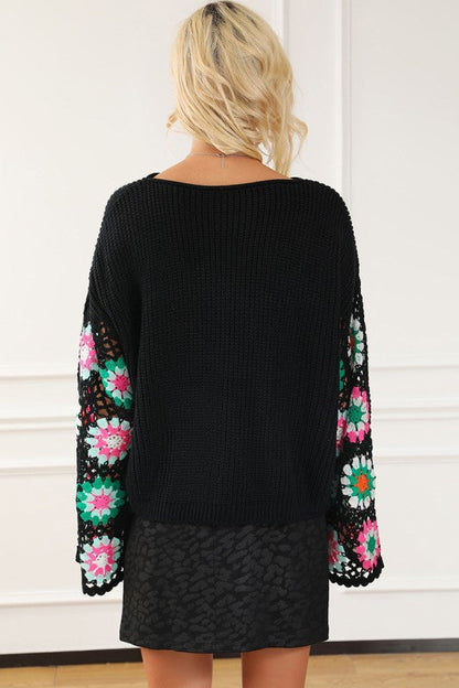 Black Floral Crochet Bell Sleeve Loose Sweater Shop Style & More | Fresh Looks, Everyday Deals & Free Shipping