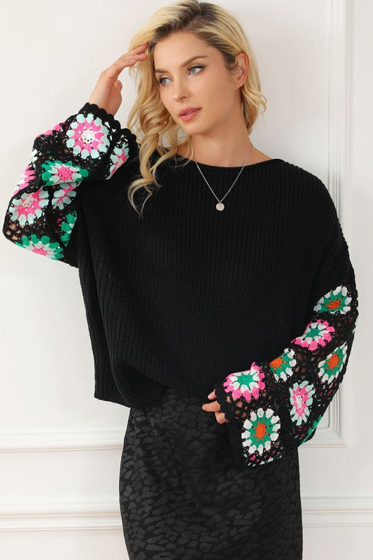 Black Floral Crochet Bell Sleeve Loose Sweater Shop Style & More | Fresh Looks, Everyday Deals & Free Shipping