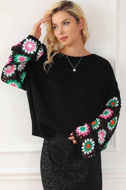 Black Floral Crochet Bell Sleeve Loose Sweater Shop Style & More | Fresh Looks, Everyday Deals & Free Shipping