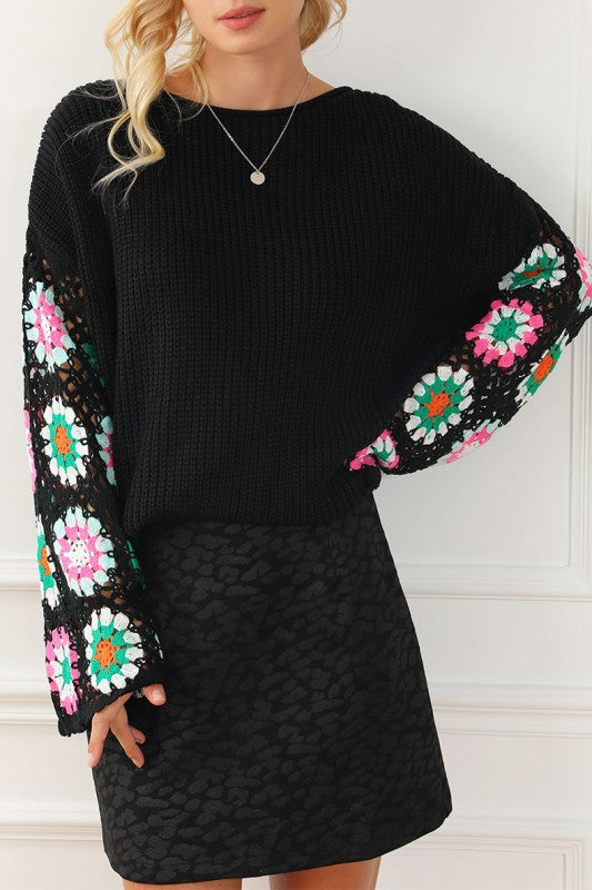 Black Floral Crochet Bell Sleeve Loose Sweater Shop Style & More | Fresh Looks, Everyday Deals & Free Shipping