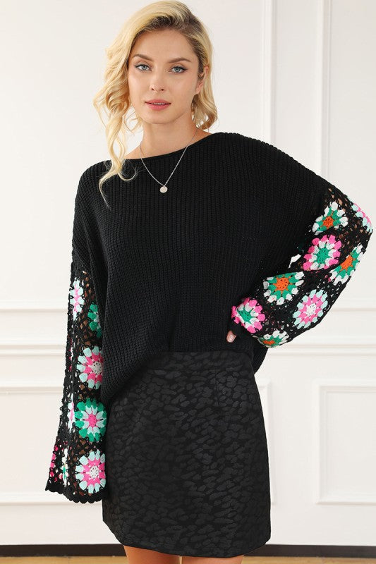 Black Floral Crochet Bell Sleeve Loose Sweater Shop Style & More | Fresh Looks, Everyday Deals & Free Shipping